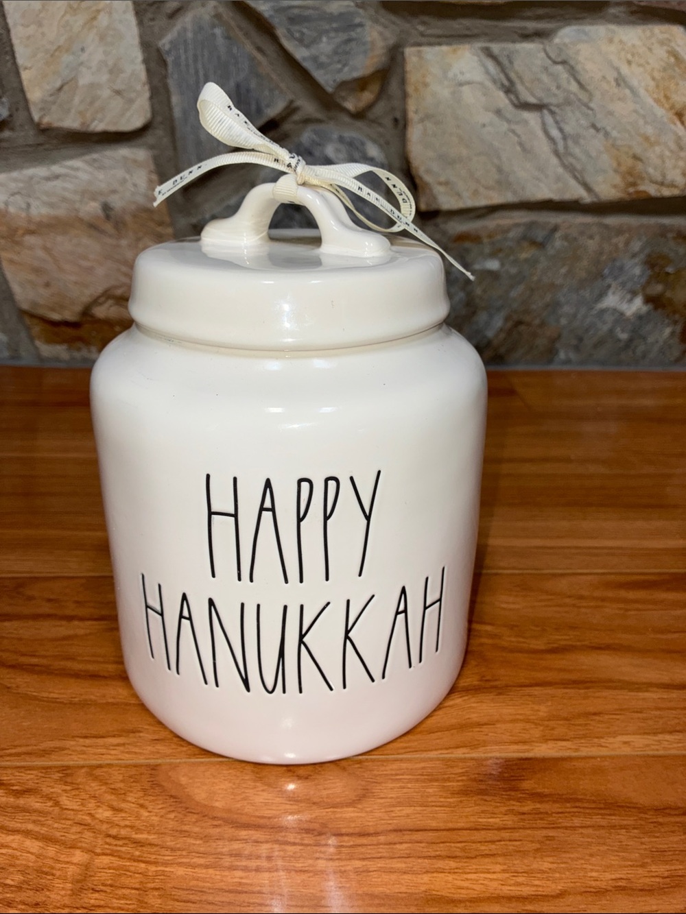 Rae Dunn White Ceramic 'Happy Hanukkah' Canister with Ribbon